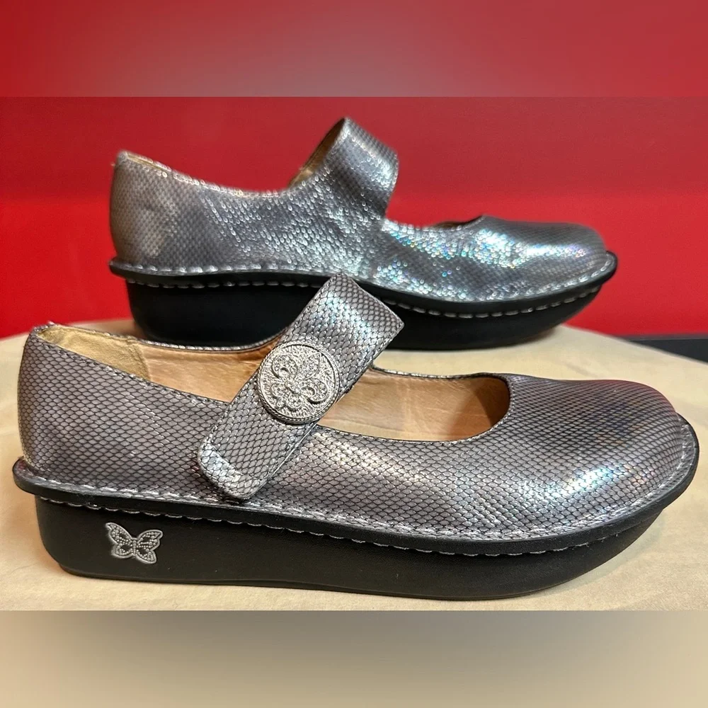 Alegria Paloma Pewter Embossed Leather Mary Janes Shoes Women’s Sz EU40/US9.5-10